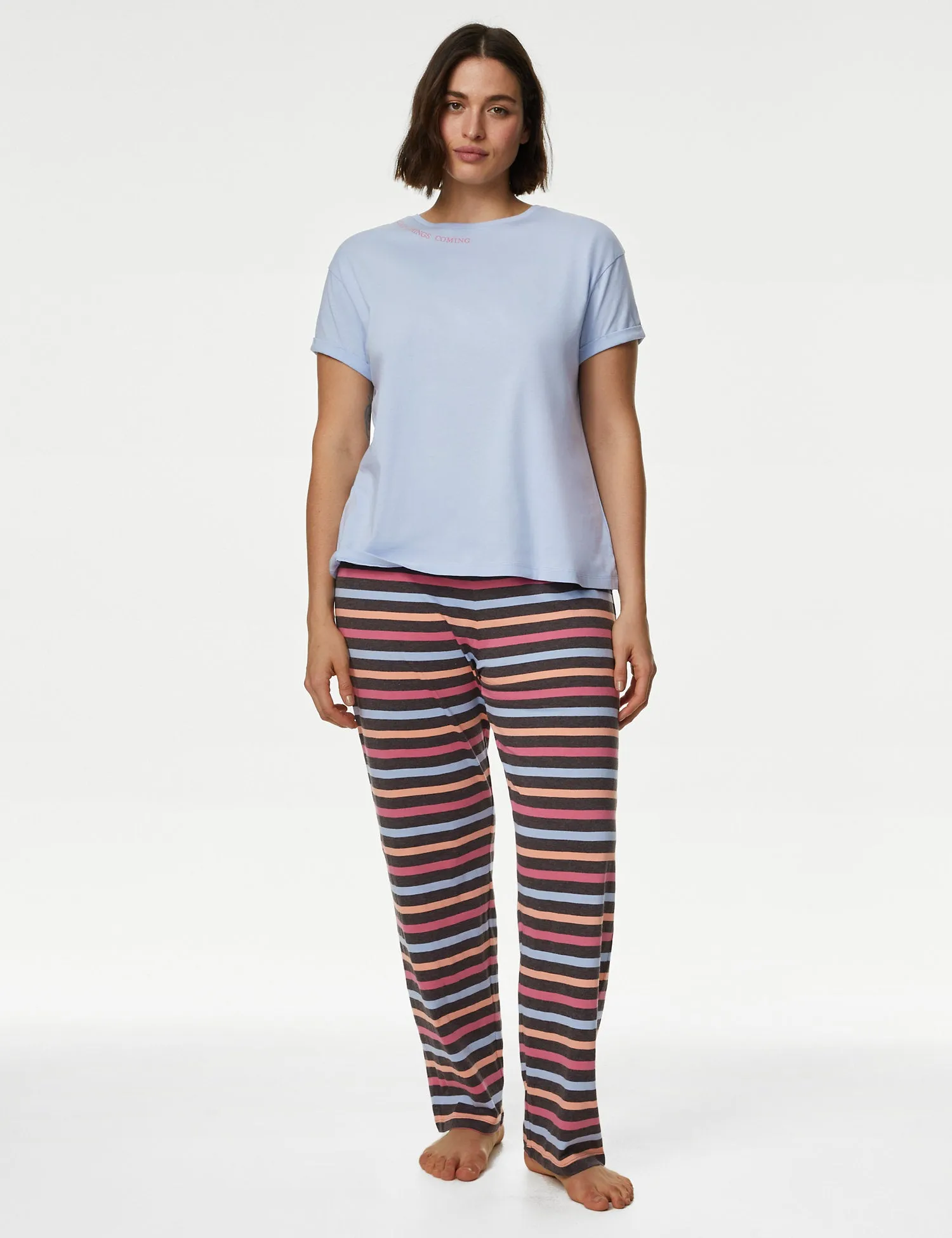 Cotton Rich Striped Slogan Pyjama Set