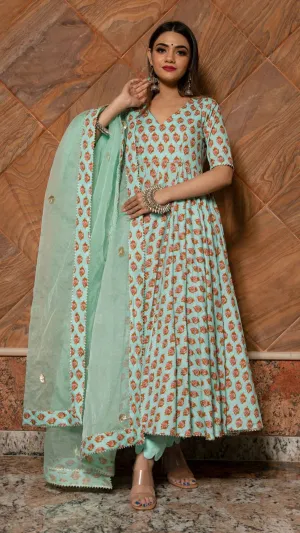 Cotton Sea Green Hand Block Print Anarkali Suit Set