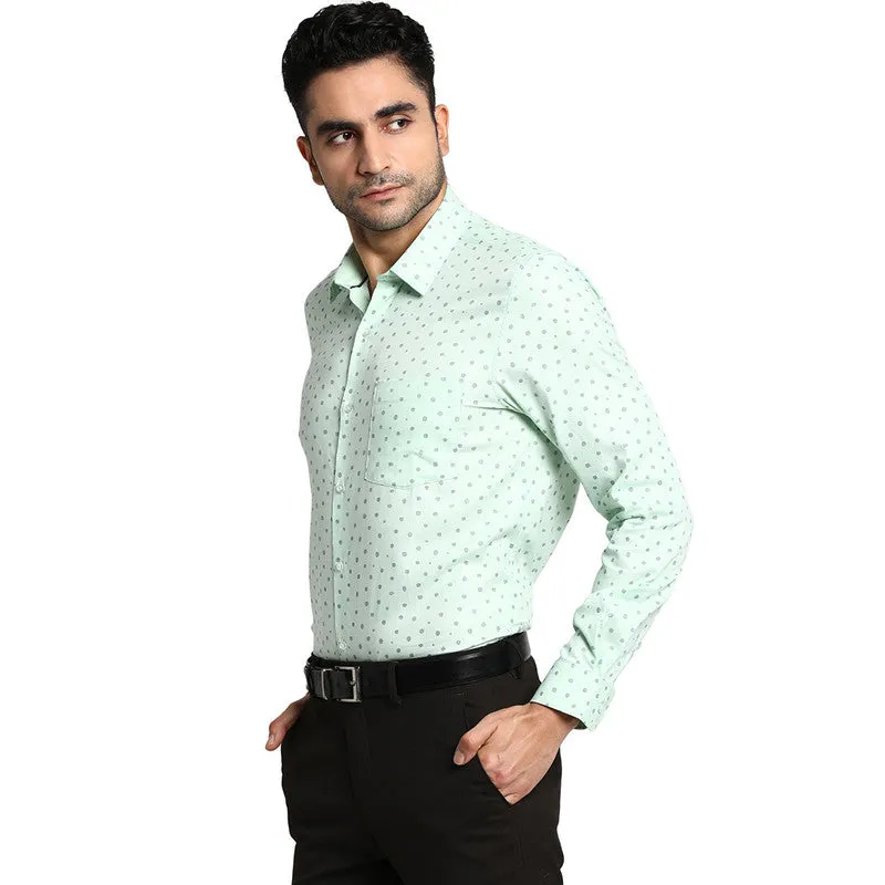 Cotton Sea Green Slim Fit Printed Formal Shirt