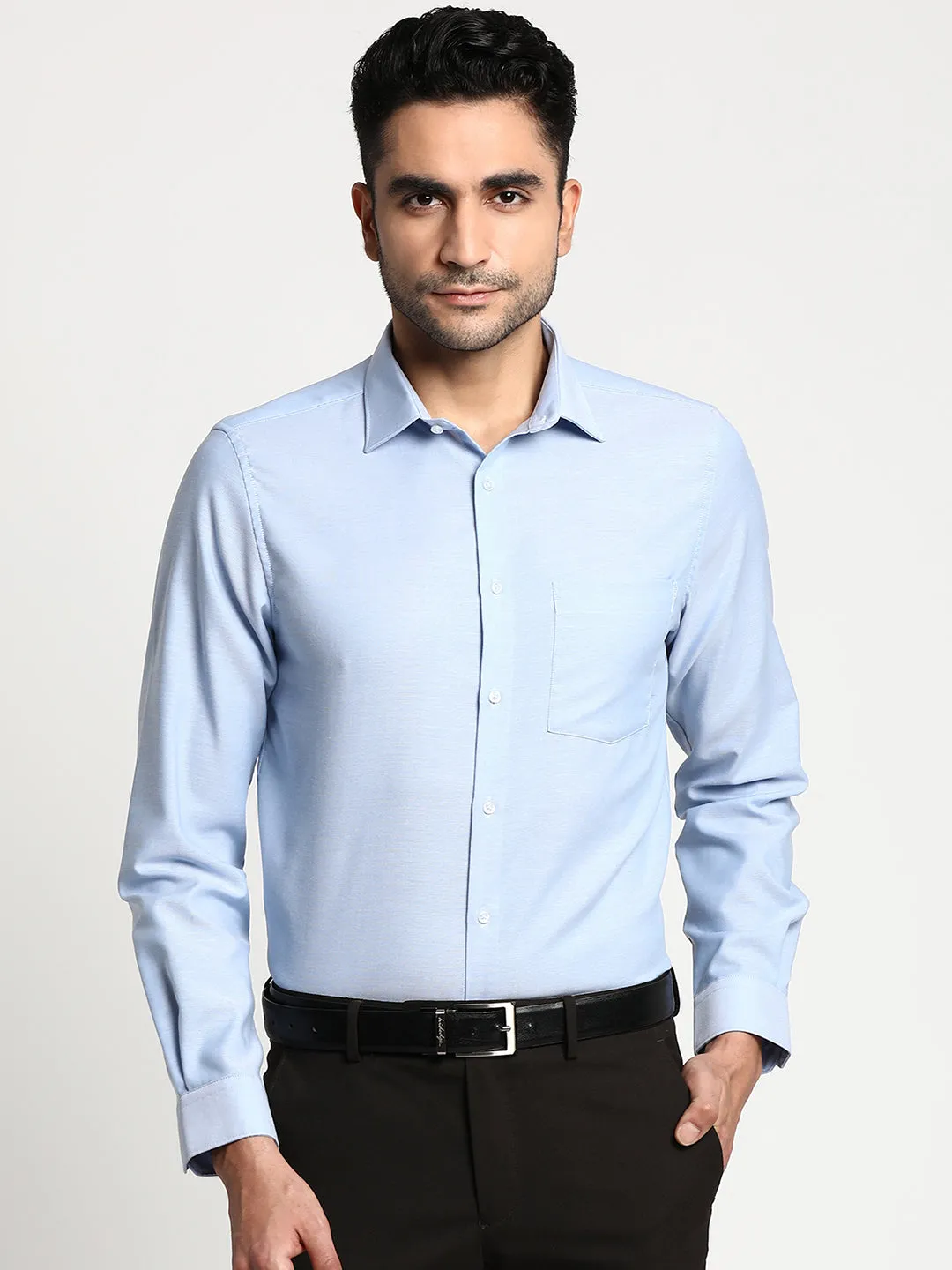 Cotton Sky Blue Slim Fit Solid Formal Shirts