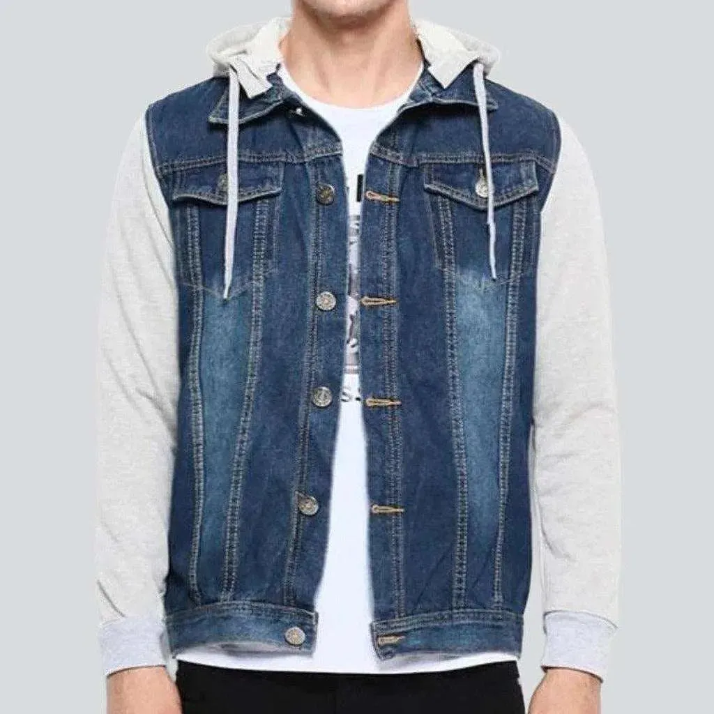 Cotton sleeve hooded denim jacket