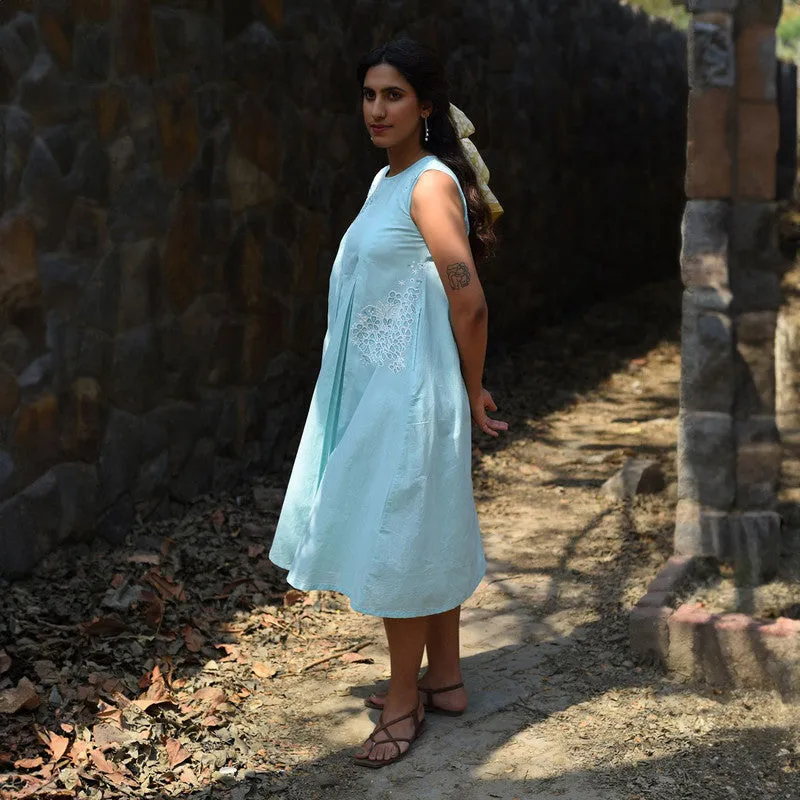 Cotton Sleeveless Midi Dress | Blue | Hand Embroidered