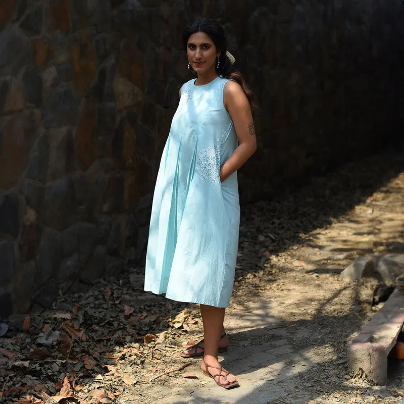 Cotton Sleeveless Midi Dress | Blue | Hand Embroidered