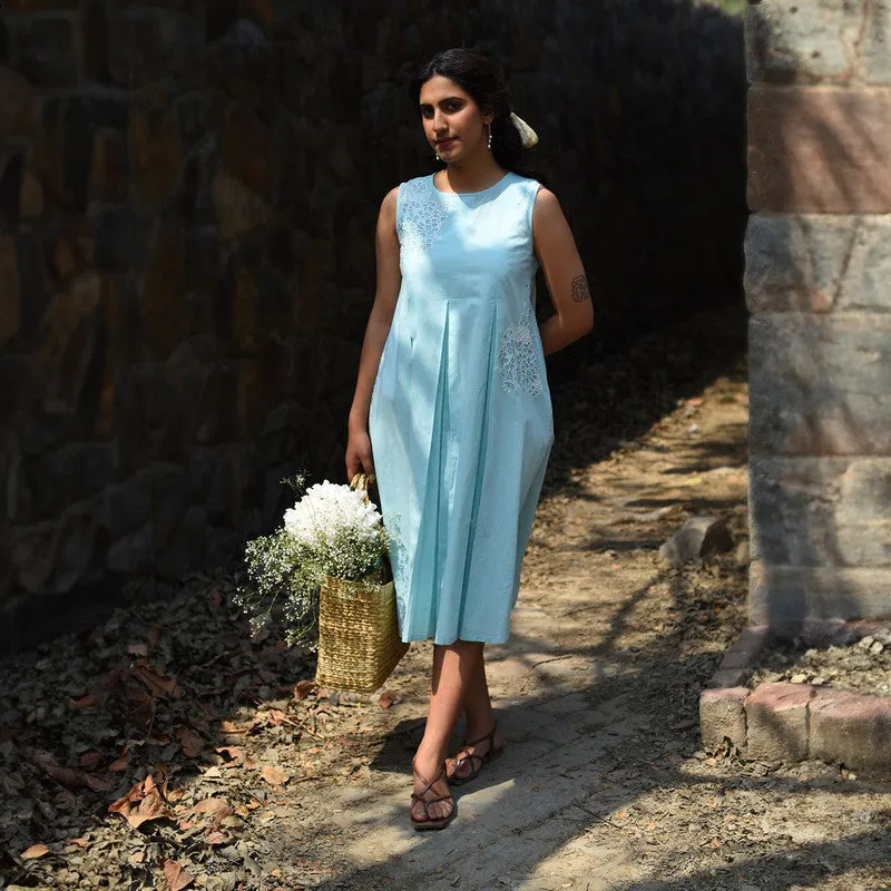 Cotton Sleeveless Midi Dress | Blue | Hand Embroidered