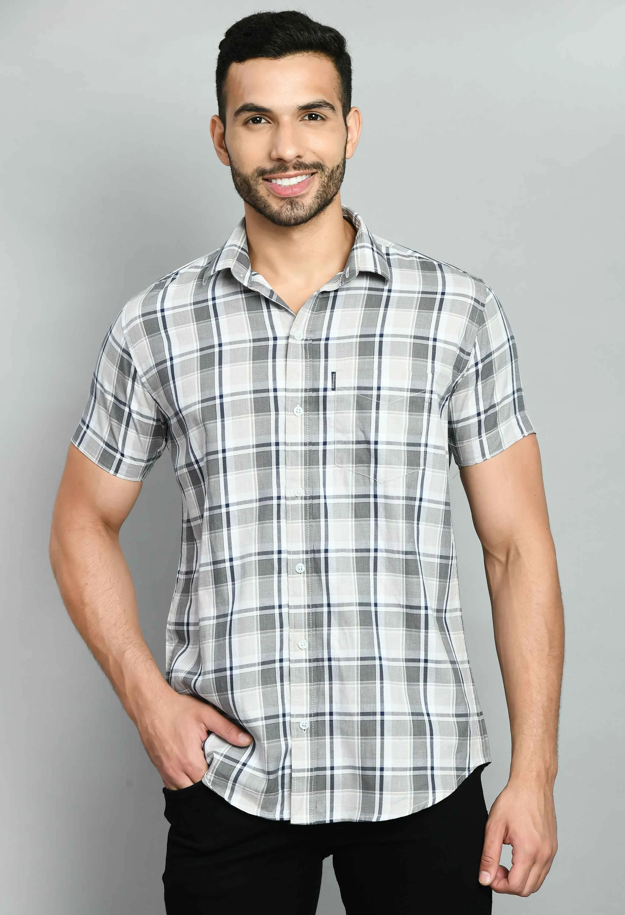 Cotton Smart Fit Checked Gray Shirt