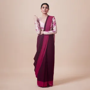 Cotton Solid Saree with Blouse | Burgundy & Pink