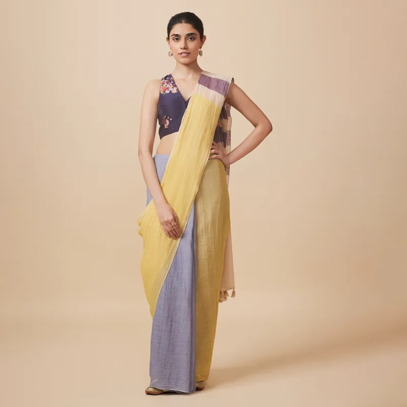 Cotton Solid Saree with Blouse | Yellow & Blue