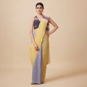 Cotton Solid Saree with Blouse | Yellow & Blue