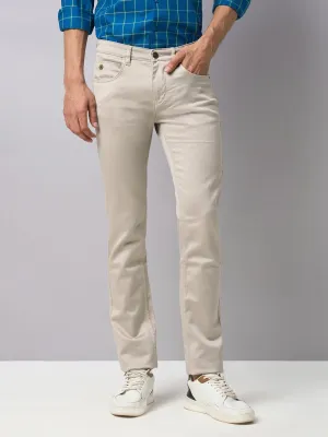 Cotton Stretch Beige Plain Narrow Fit Flat Front Casual Jeans