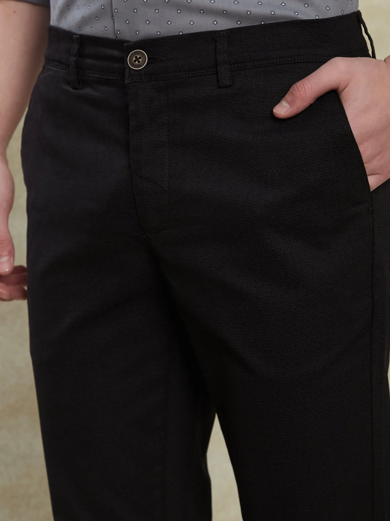 Cotton Stretch Black Printed Narrow Fit Flat Front Casual Trouser