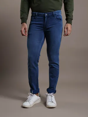 Cotton Stretch Blue Plain Narrow Fit Flat Front Casual Jeans