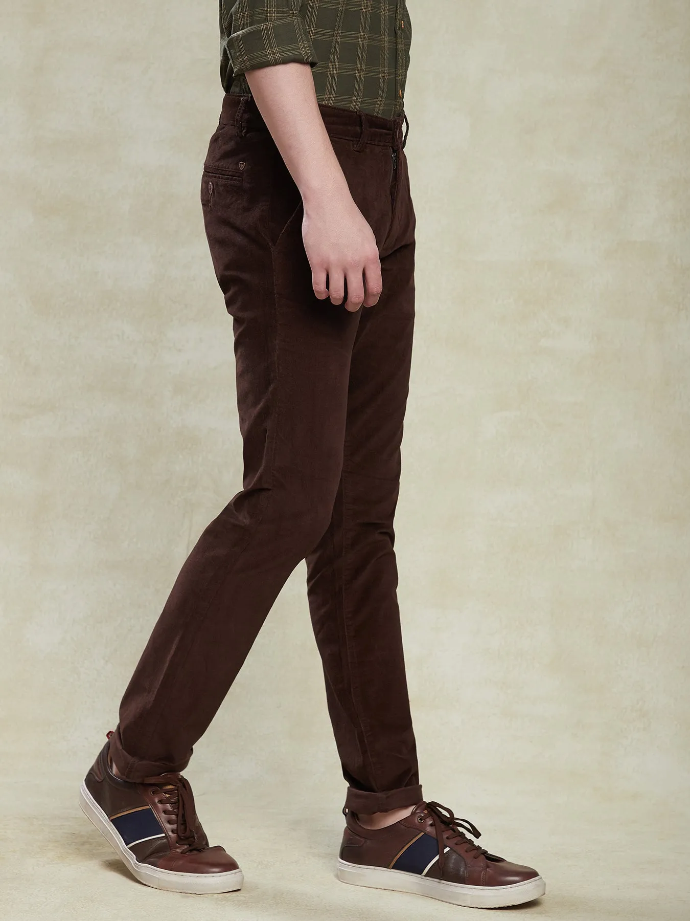 Cotton Stretch Dark Brown Self Design Ultra Slim Fit Flat Front Casual Plain Trouser