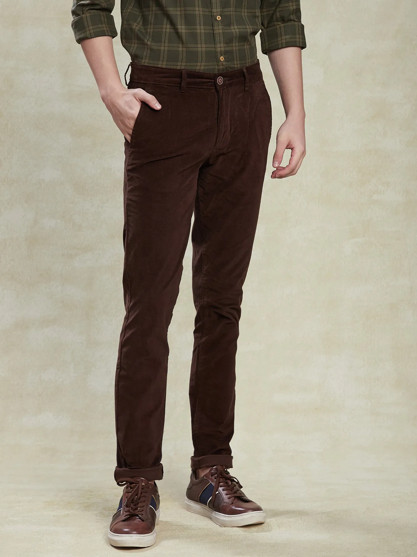 Cotton Stretch Dark Brown Self Design Ultra Slim Fit Flat Front Casual Plain Trouser