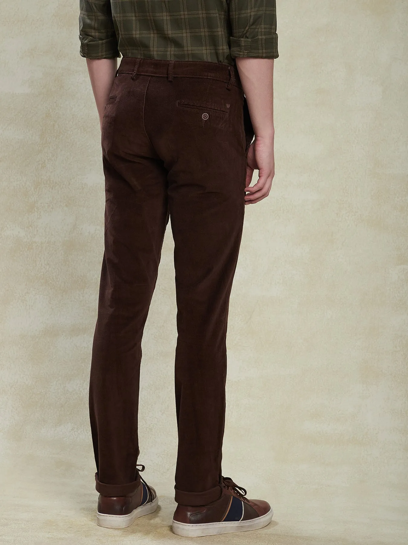 Cotton Stretch Dark Brown Self Design Ultra Slim Fit Flat Front Casual Plain Trouser