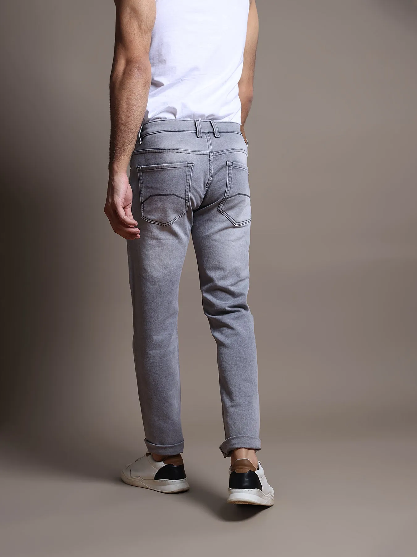 Cotton Stretch Grey Melange Plain Narrow Fit Flat Front Casual Jeans