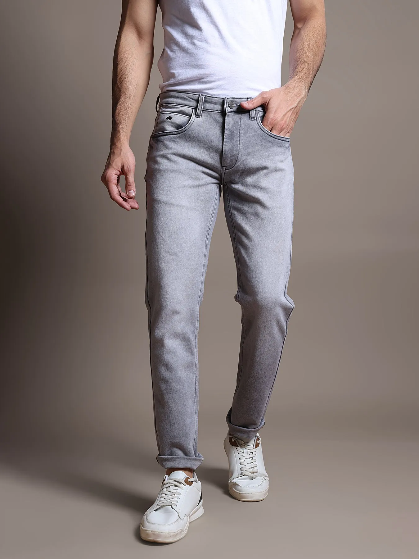 Cotton Stretch Grey Melange Plain Narrow Fit Flat Front Casual Jeans