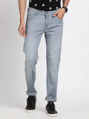 Cotton Stretch Light Grey Plain Narrow Fit Flat Front Casual Jeans