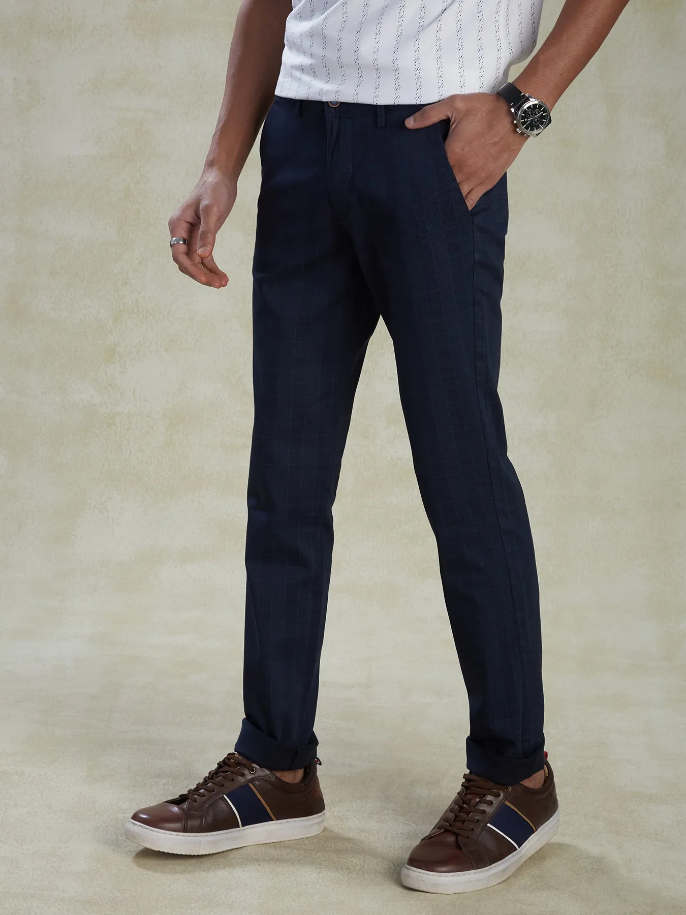 Cotton Stretch Navy Blue Ultra Slim Fit Flat Front Casual Mens Checkered Trouser