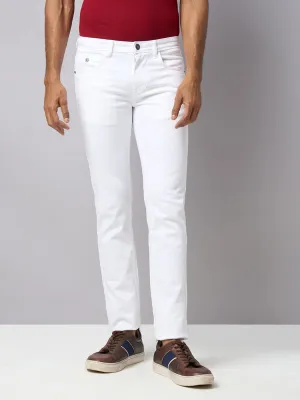 Cotton Stretch White Plain Narrow Fit Flat Front Casual Jeans