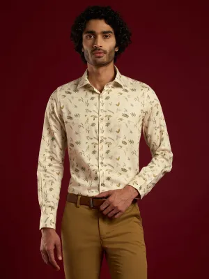 Cotton Tencel Beige Printed Slim Fit Full Sleeve Ceremonial Shirt