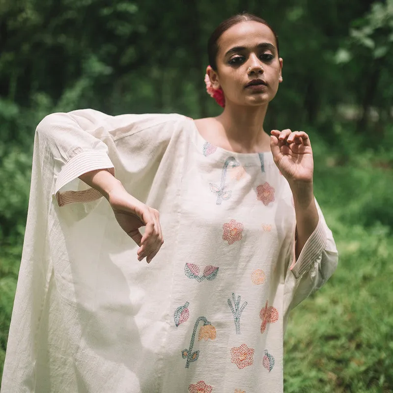 Cotton White Dress for Women | Embroidered| Kantha Stitch