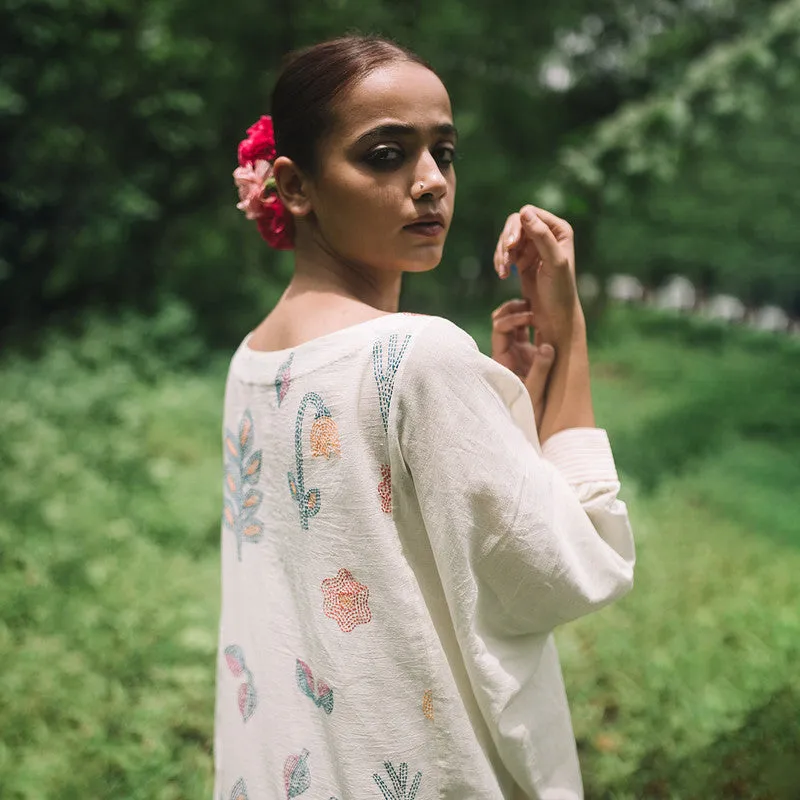 Cotton White Dress for Women | Embroidered| Kantha Stitch