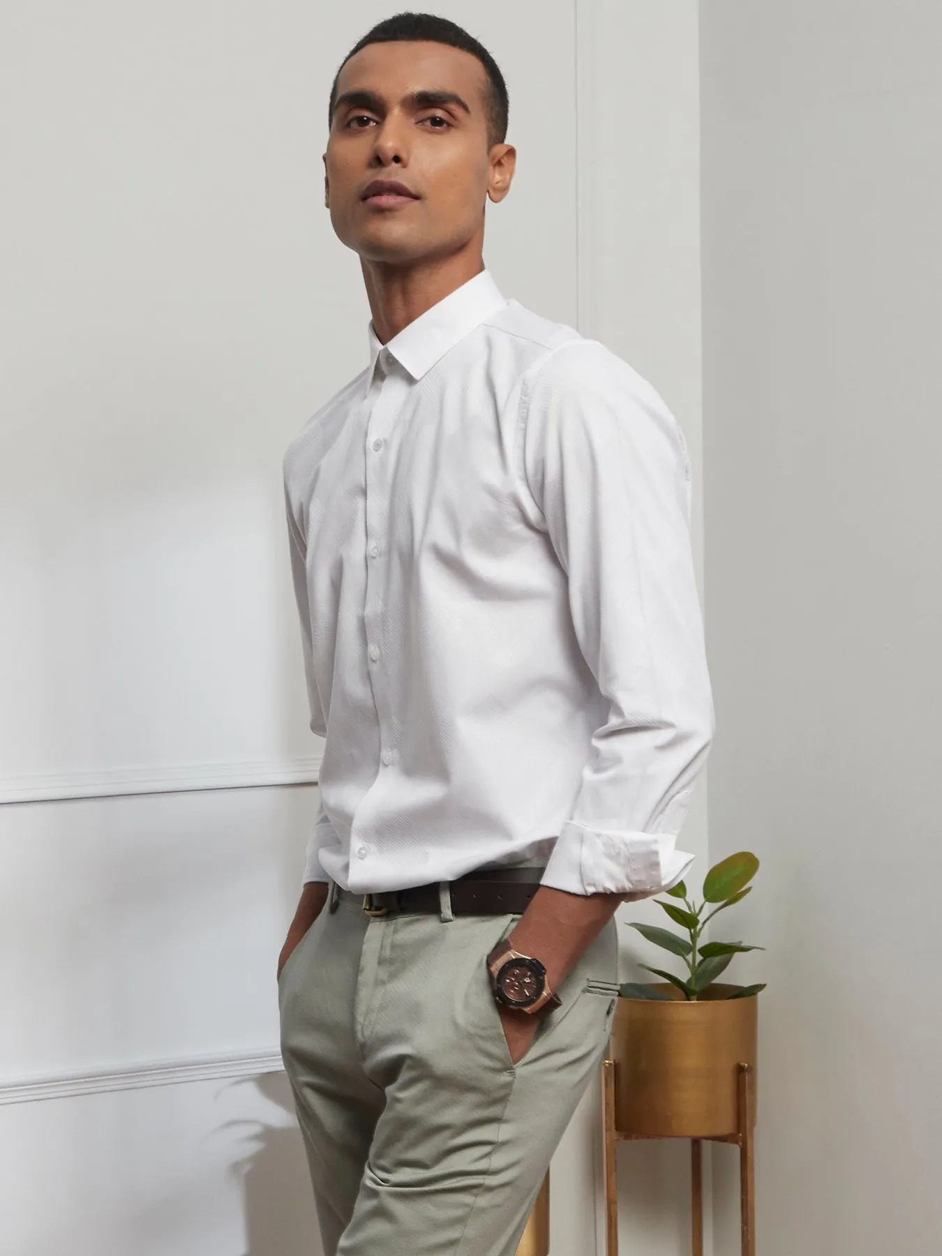 Cotton White Jacquard Slim Fit Full Sleeve Ceremonial Shirt