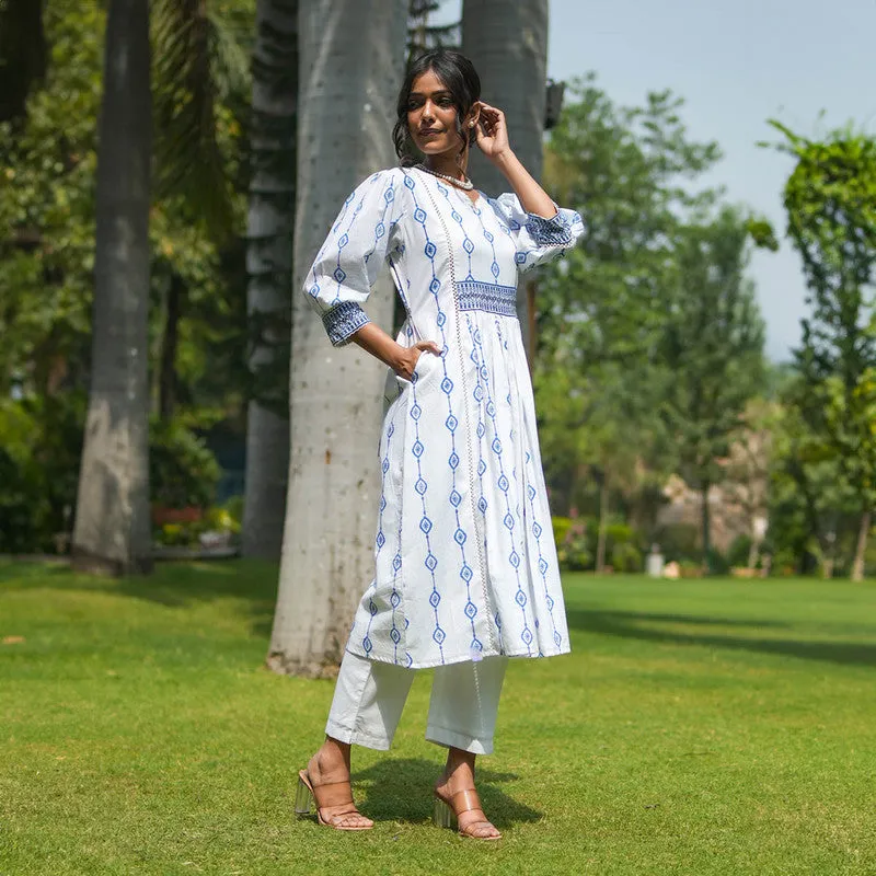 Cotton White Kurta for Women | Back Tie-up | Block Printed