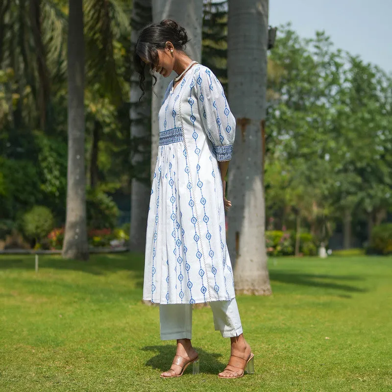 Cotton White Kurta for Women | Back Tie-up | Block Printed