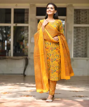 Cotton Yellow Floral Print Suit Set with Dupatta