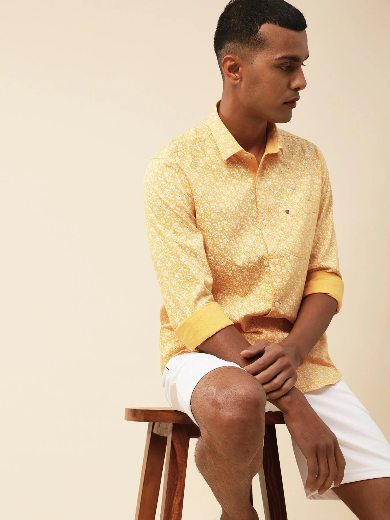 Cotton Yellow Floral Printed Full Sleeve Casual Shirt