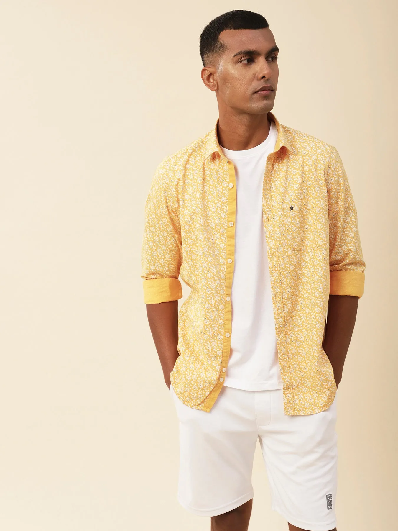 Cotton Yellow Floral Printed Full Sleeve Casual Shirt