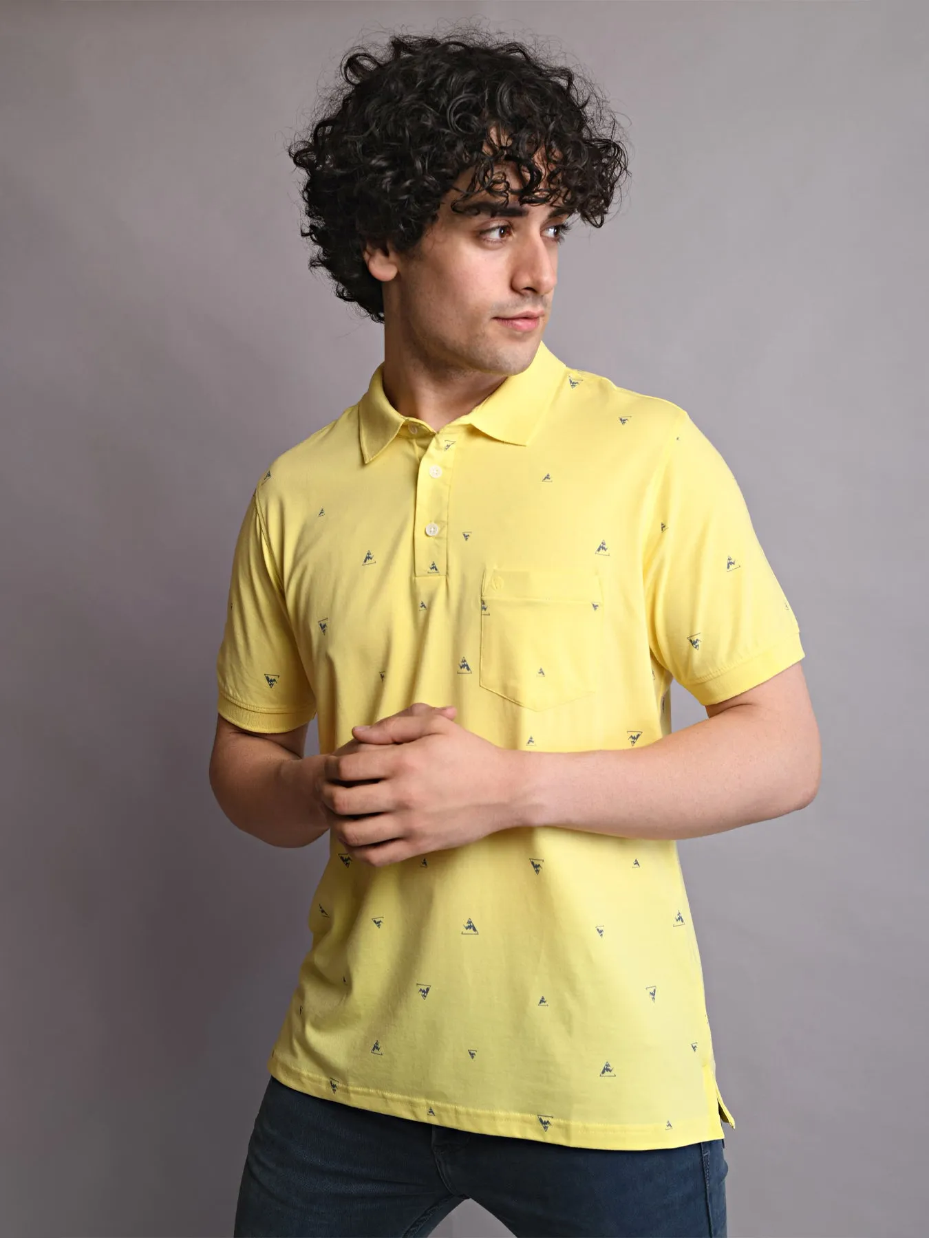 Cotton Yellow Printed Polo Neck Half Sleeve Casual T-Shirt