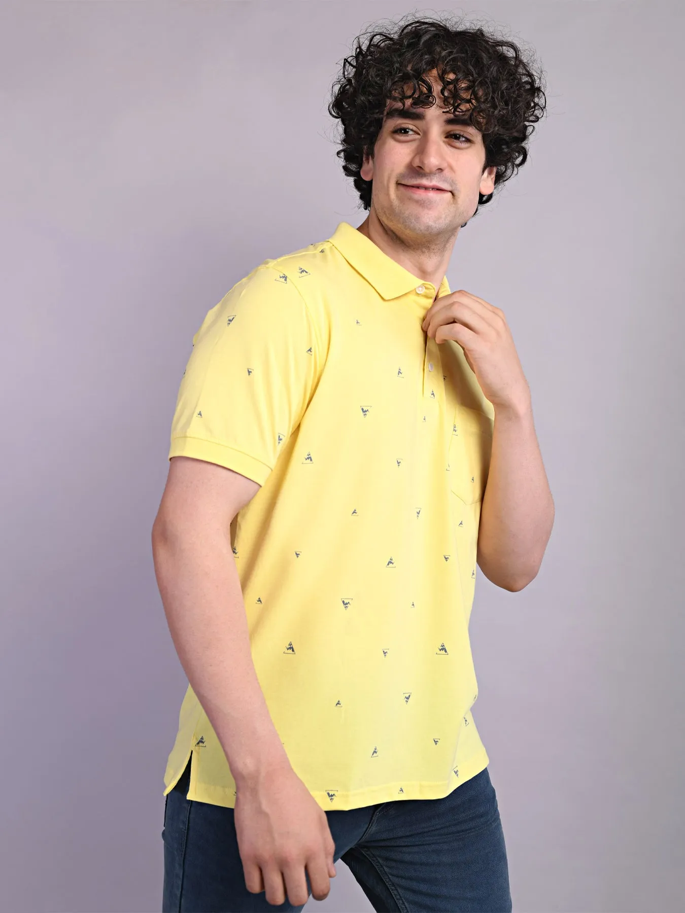 Cotton Yellow Printed Polo Neck Half Sleeve Casual T-Shirt