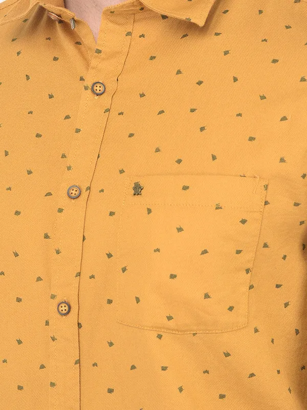 Cotton Yellow Slim Fit Printed Casual Shirt