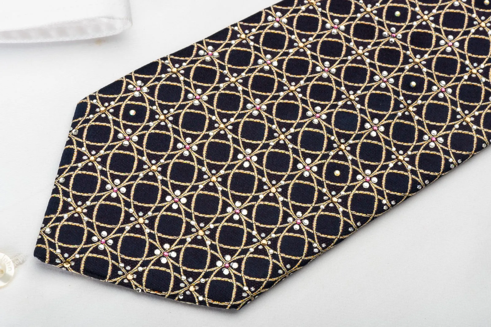 Countess Mara Rhinestone Tie Golden Circles On Navy Blue With Golden Sparkles