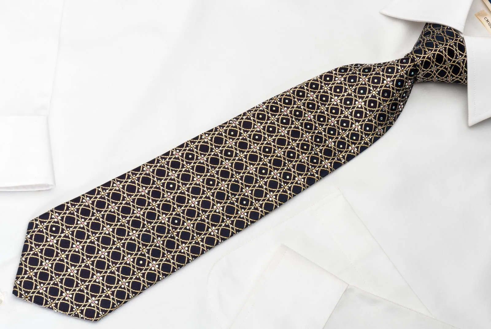 Countess Mara Rhinestone Tie Golden Circles On Navy Blue With Golden Sparkles