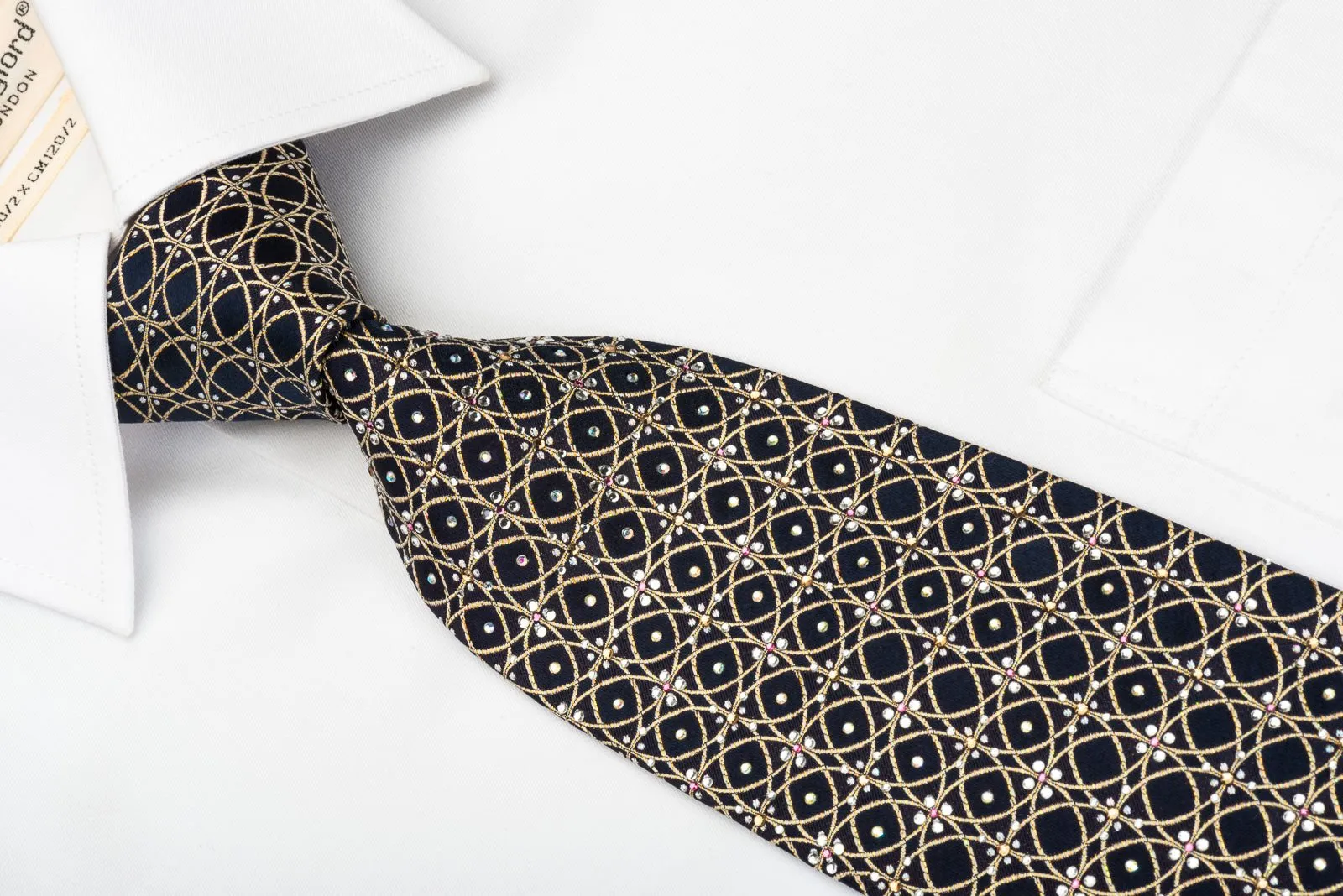 Countess Mara Rhinestone Tie Golden Circles On Navy Blue With Golden Sparkles