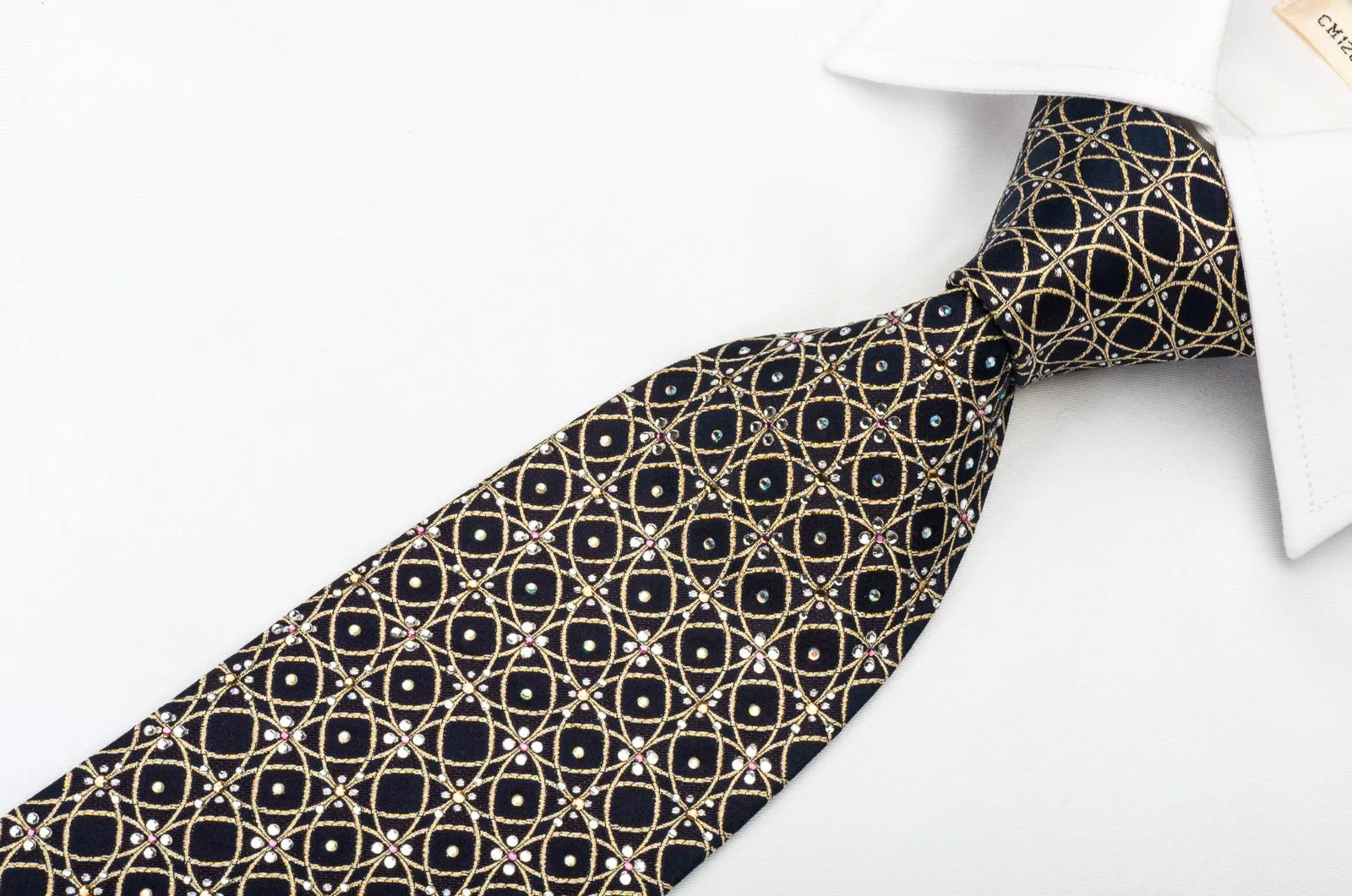 Countess Mara Rhinestone Tie Golden Circles On Navy Blue With Golden Sparkles