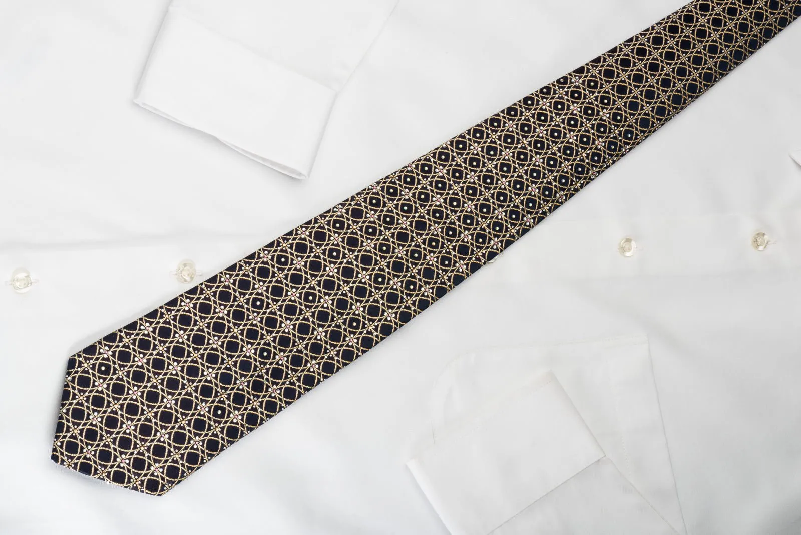 Countess Mara Rhinestone Tie Golden Circles On Navy Blue With Golden Sparkles