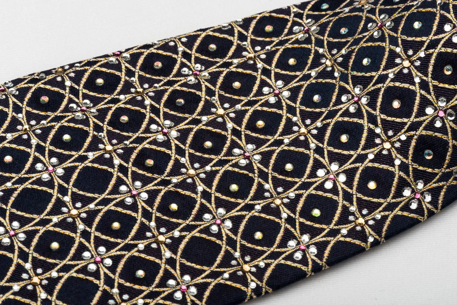 Countess Mara Rhinestone Tie Golden Circles On Navy Blue With Golden Sparkles