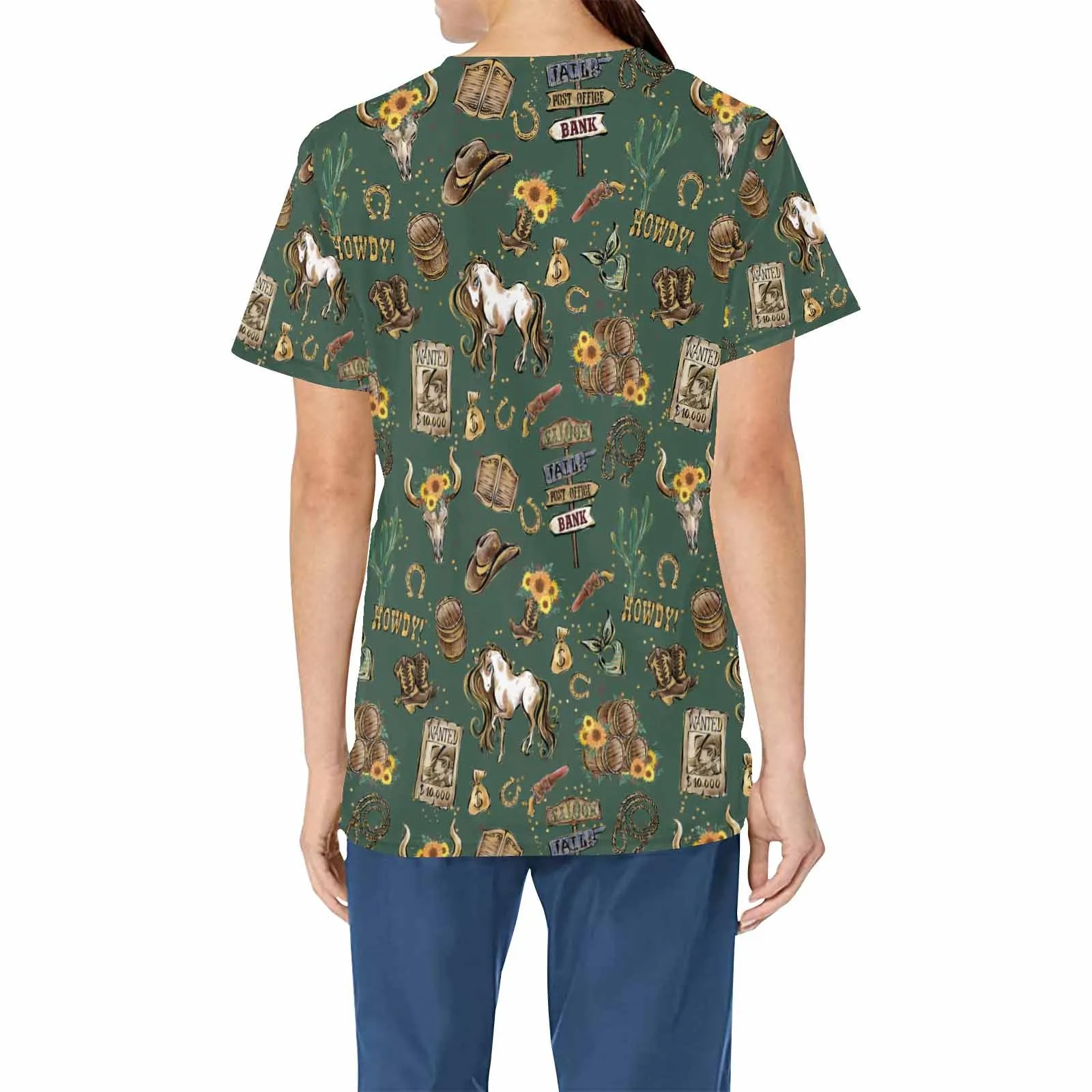 Country and Western Green Large  Women's V Neck Scrub Top Nurse Uniform with Deep Front Pockets