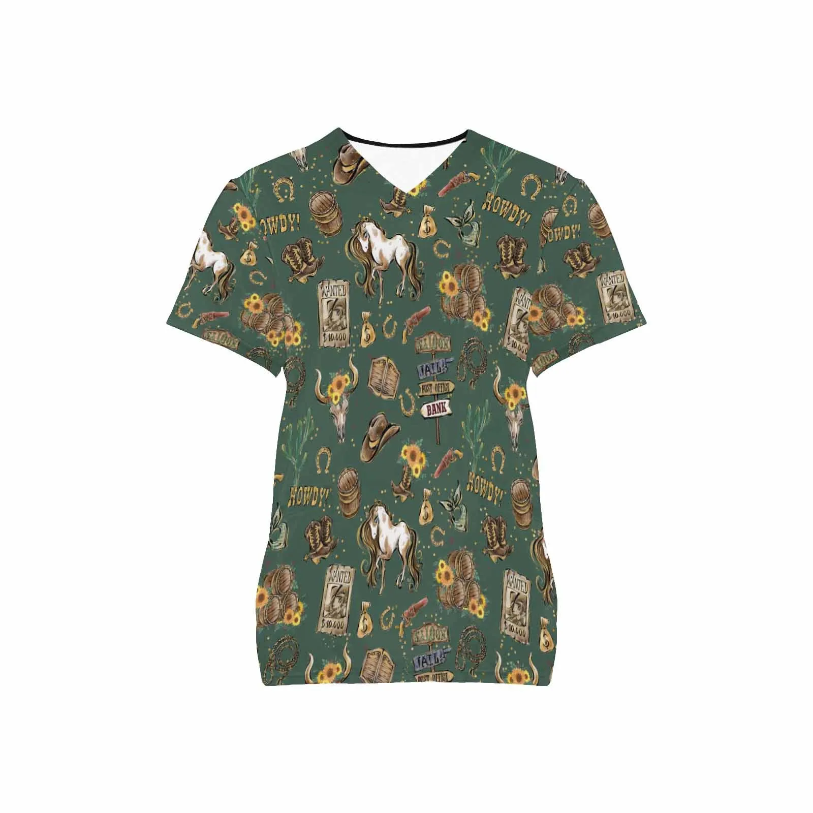 Country and Western Green Large  Women's V Neck Scrub Top Nurse Uniform with Deep Front Pockets