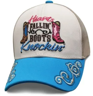 Country Hearts Fallin' Boots Knockin' White and Blue Ball Cap Hat