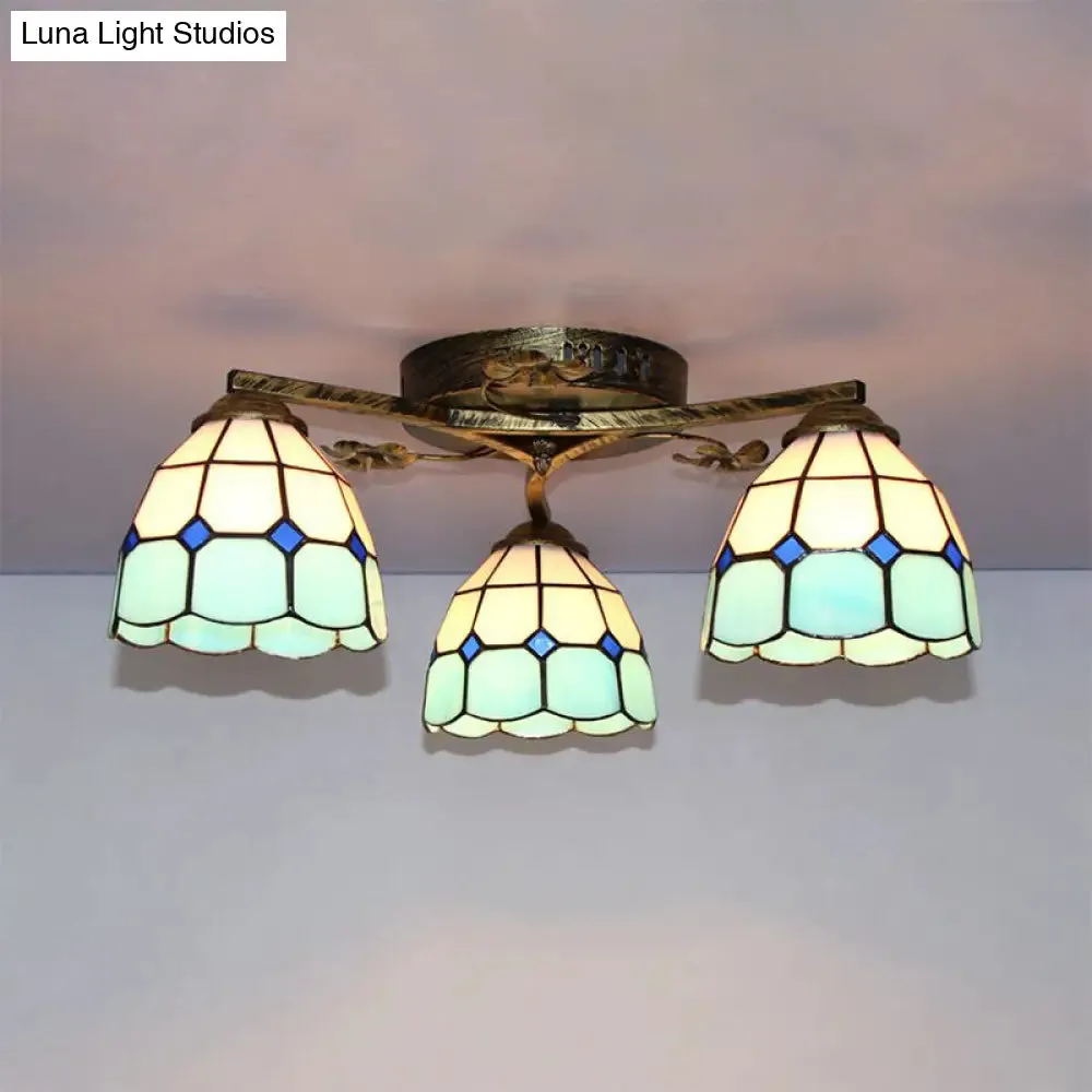 Country Style 3-Light Stained Glass Ceiling Light with Scalloped Edges in Blue and Clear