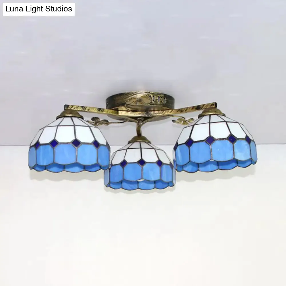 Country Style 3-Light Stained Glass Ceiling Light with Scalloped Edges in Blue and Clear