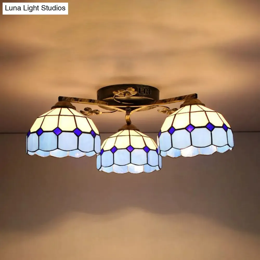 Country Style 3-Light Stained Glass Ceiling Light with Scalloped Edges in Blue and Clear