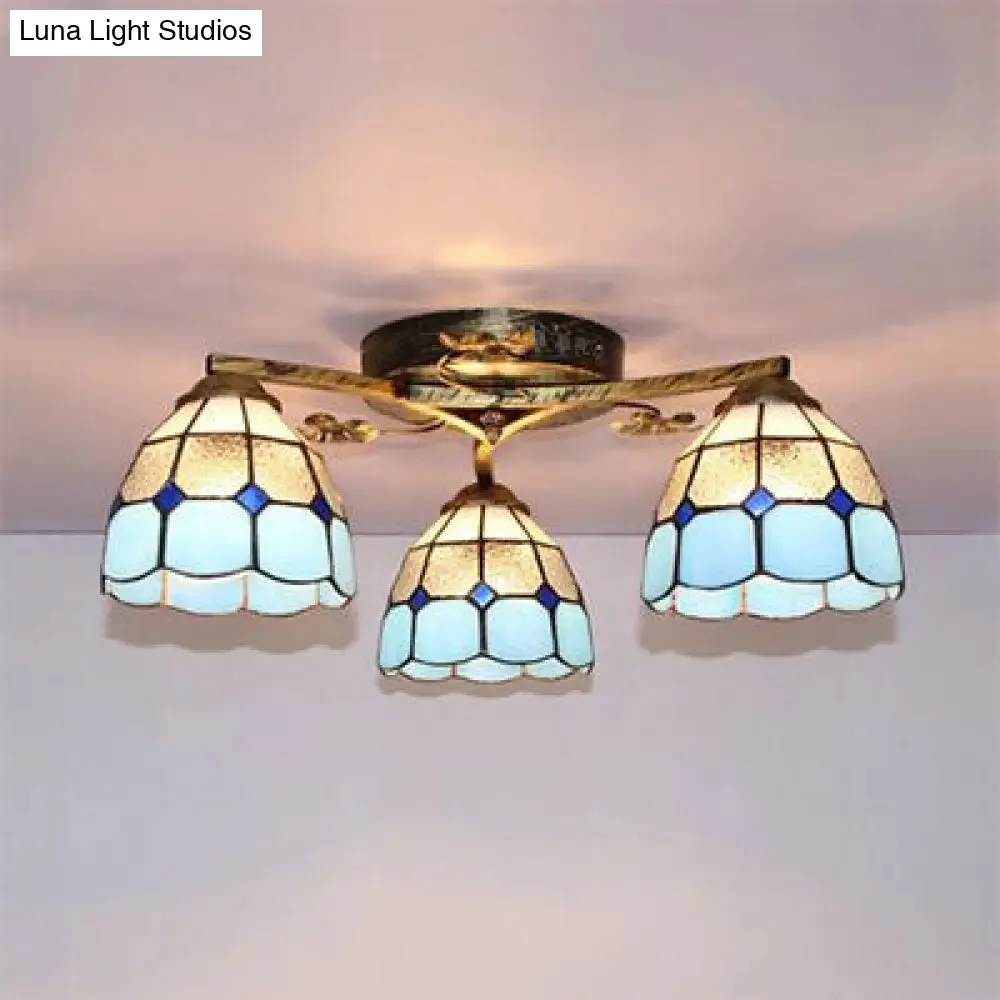 Country Style 3-Light Stained Glass Ceiling Light with Scalloped Edges in Blue and Clear