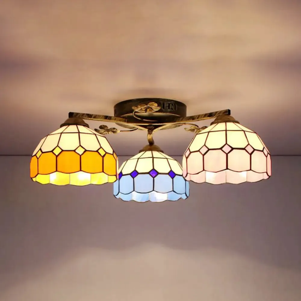 Country Style 3-Light Stained Glass Ceiling Light with Scalloped Edges in Blue and Clear