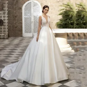 Country Wedding Dress A-Line Ball Gown V-Neck Bridal Dress Satin Bridal Gown